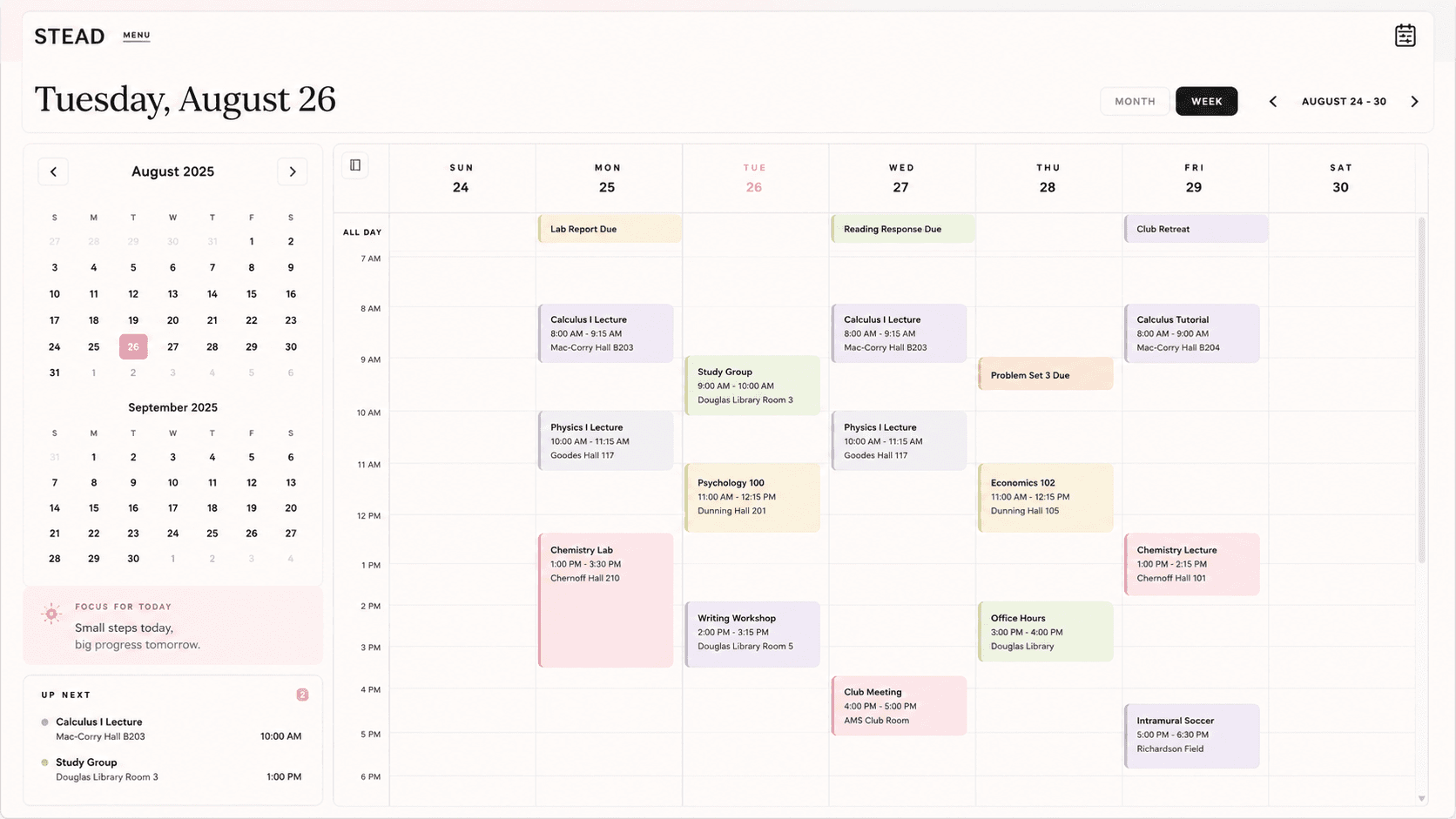 The Stead calendar: a week view with classes, labs, club meetings and deadlines laid out by hour, beside the month and what's up next.